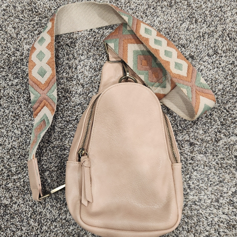 Stylish Beige Sling Bag with Patterned Strap